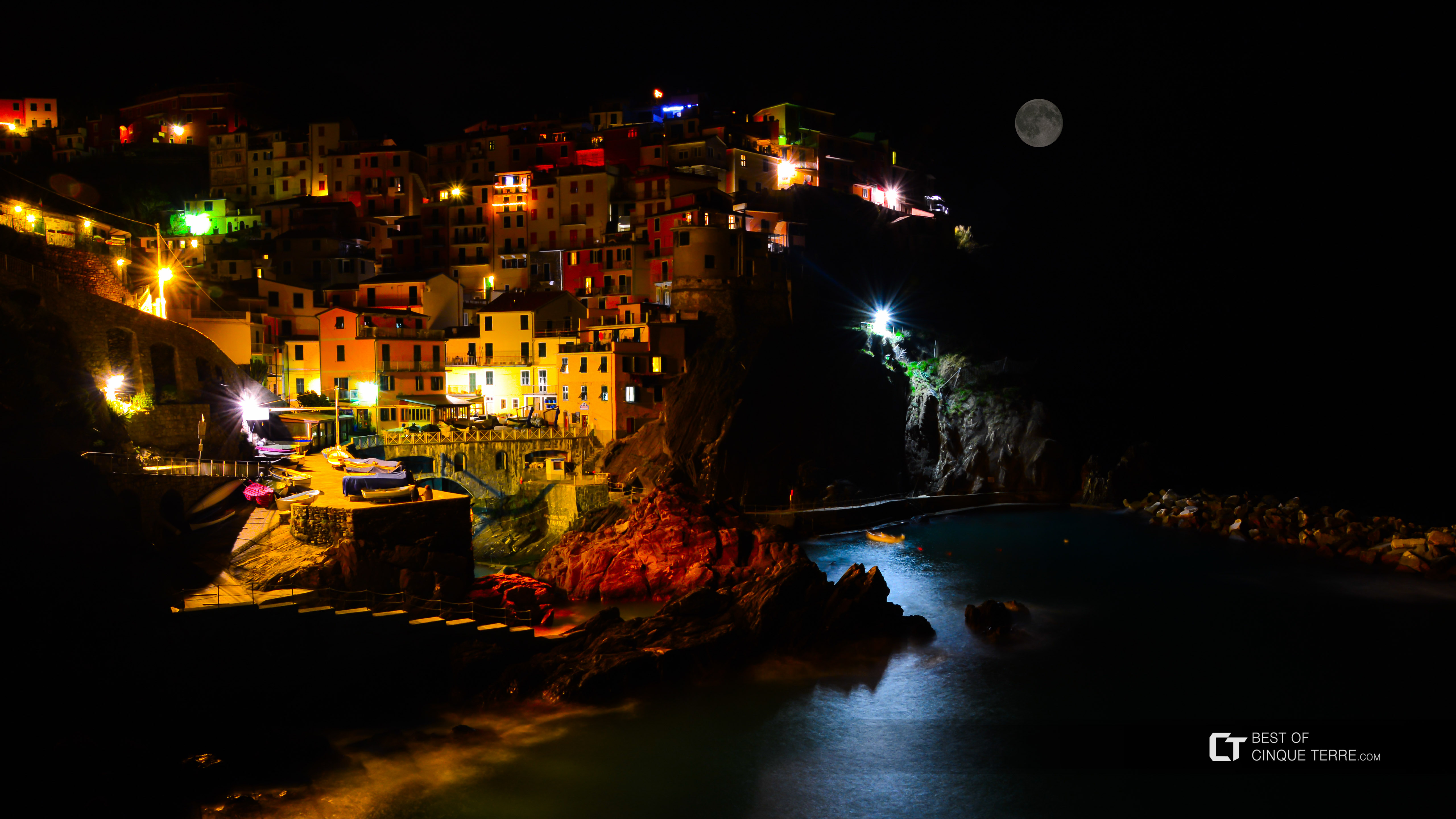 Manarola from the promenade at night, Cinque Terre, Italy
