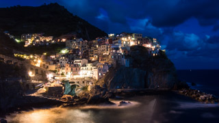 Manarola from the promenade at night, Cinque Terre, Italy
