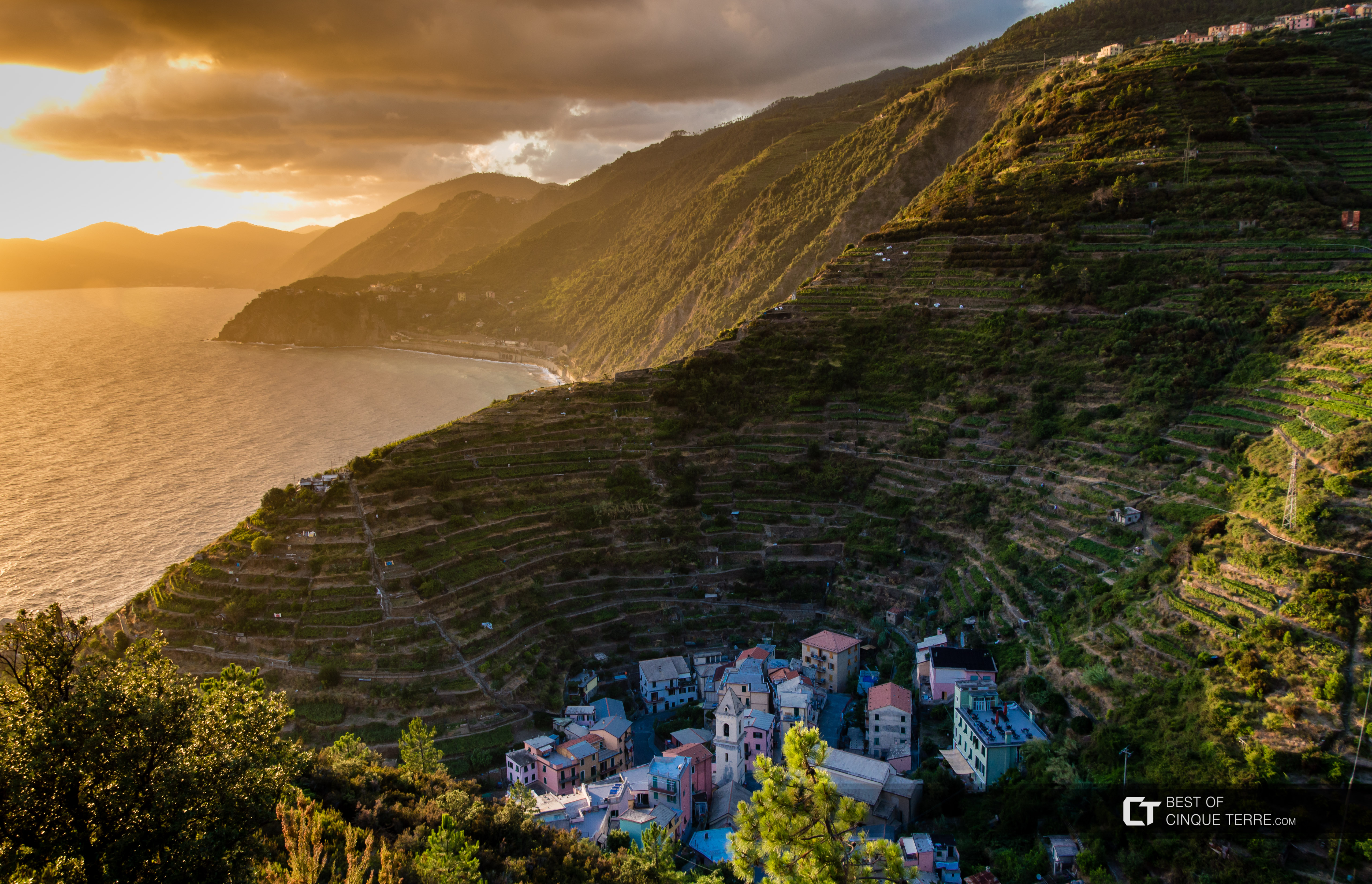 View of the village from the Beccara trail, Manarola, Cinque Terre, Italy