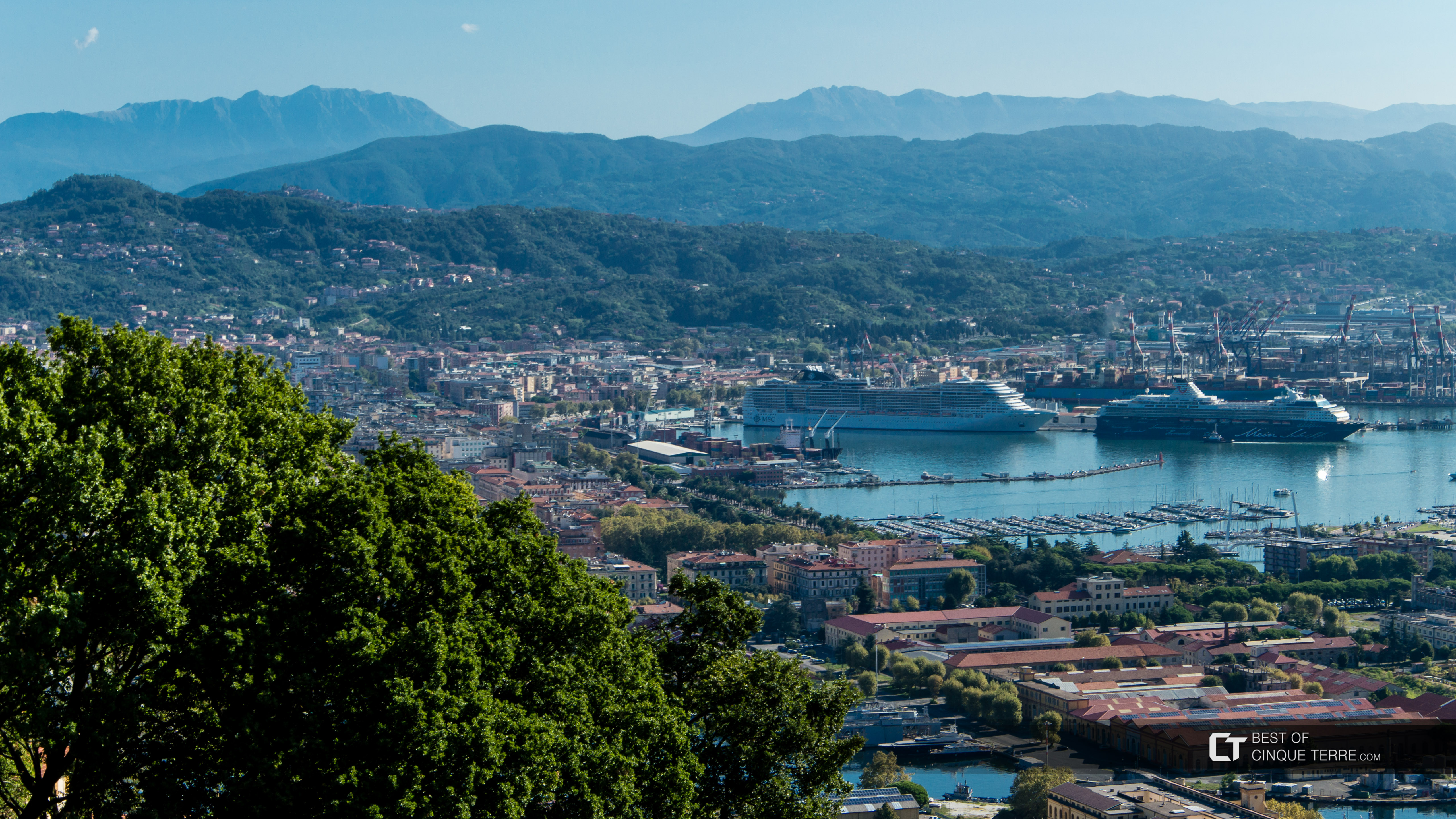 Cruise ship in the port, view from the road to Riomaggiore, La Spezia, Italy