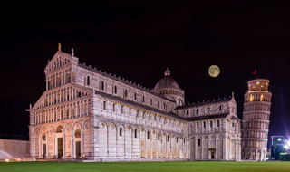 Cathedral and Leaning Tower by night, Pisa, Italy