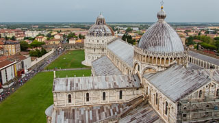 Piazza dei Miracoli seen from the Leaning Tower, Pisa, Italy