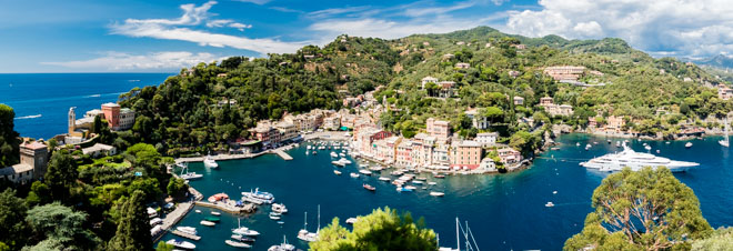 Panoramaaufnahme der Bucht, Portofino, Italien